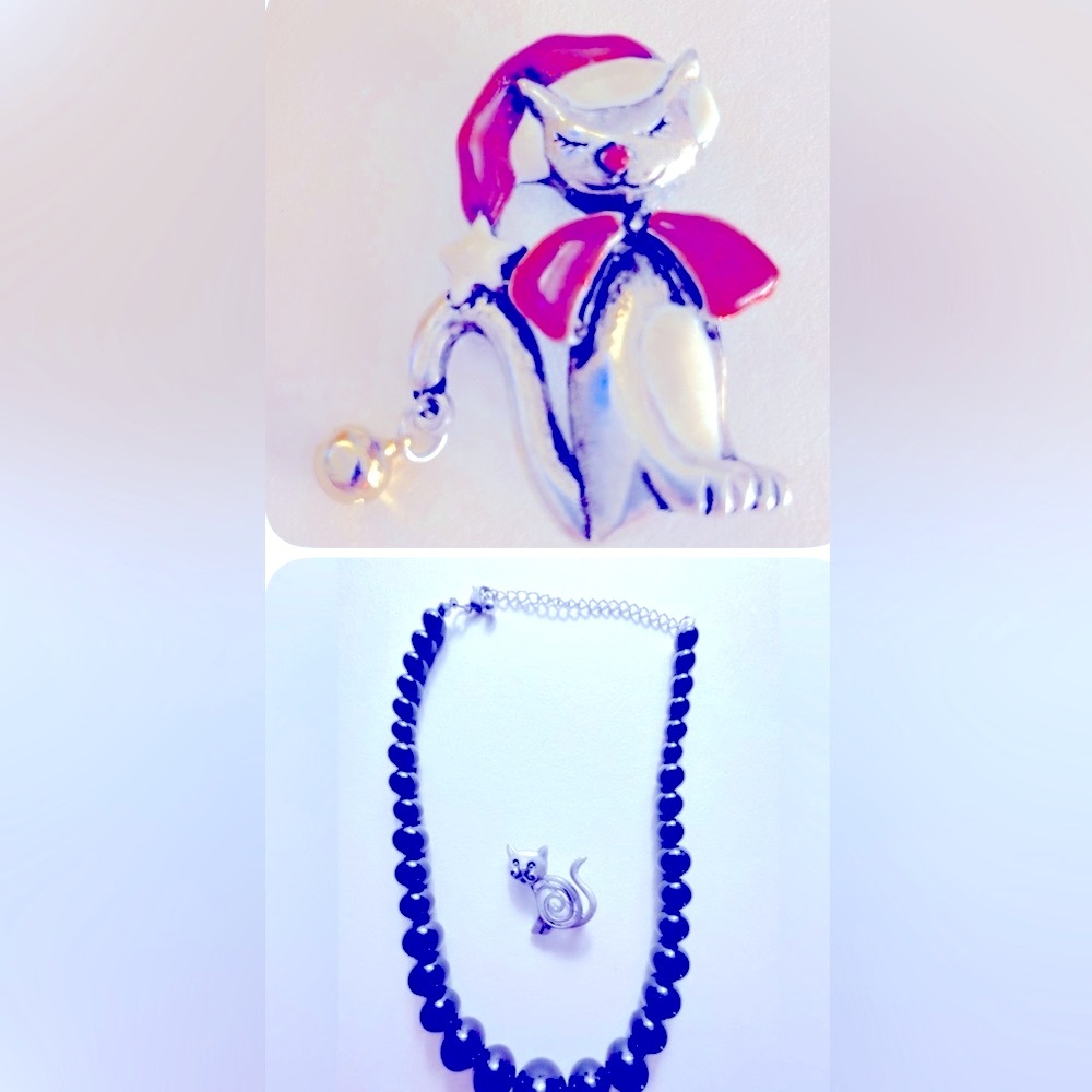 4 pc.Xmas cat pin 1.5”,  Necklace Black acrylic beads 16”; silver cat pin 1.5”